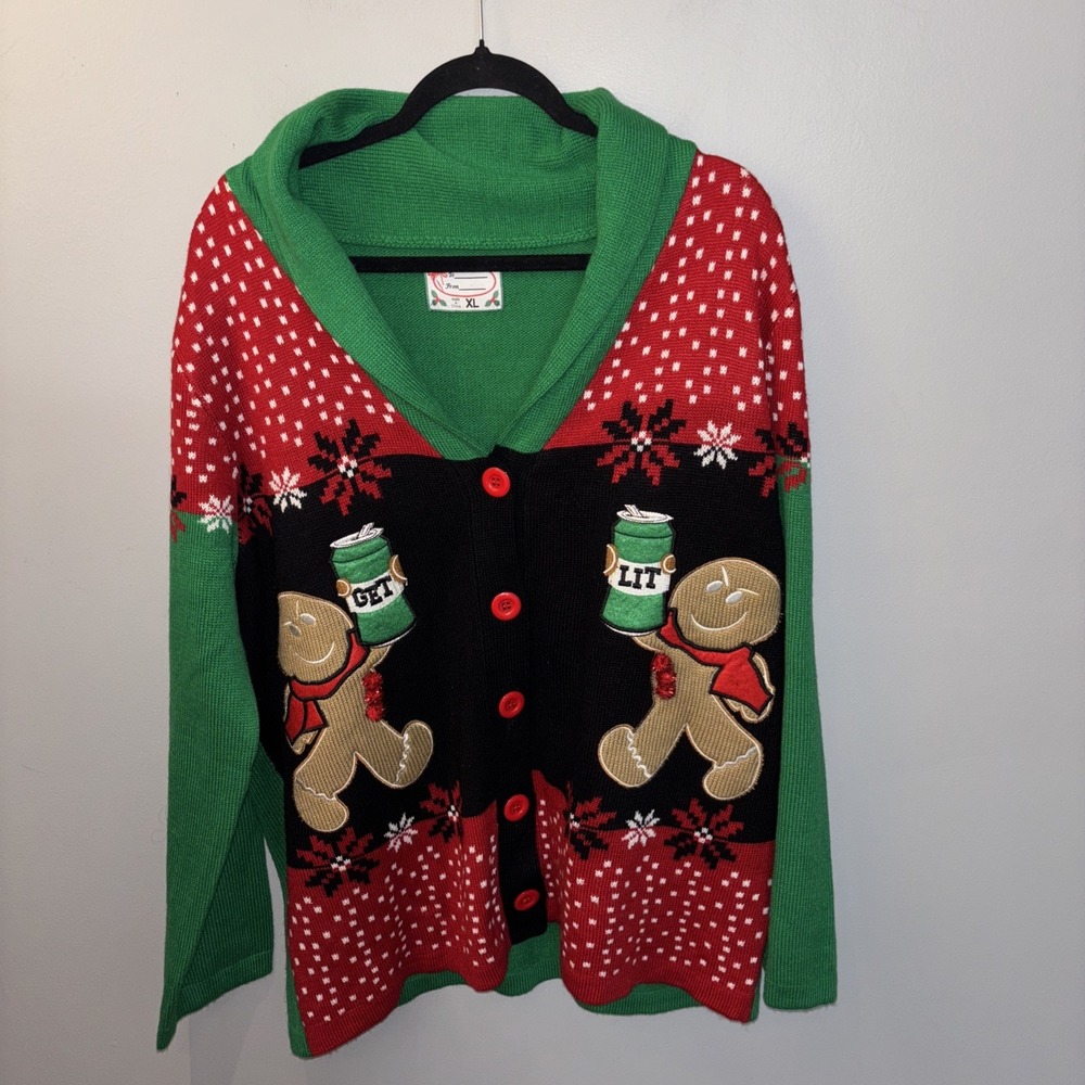 Spencer's GET LIT Gingerbread Ugly Christmas Button Down Sweater Cardigan XL